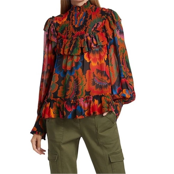 FARM Rio Tops - FARM RIO Colorful Flowers Smocked Yoke Blouse Mock Neck